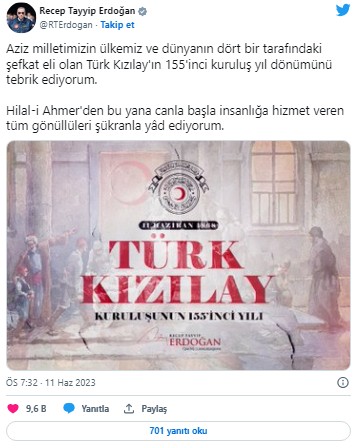 Başkan Erdoğan, Türk Kızılayın kuruluş yıl dönümünü tebrik etti